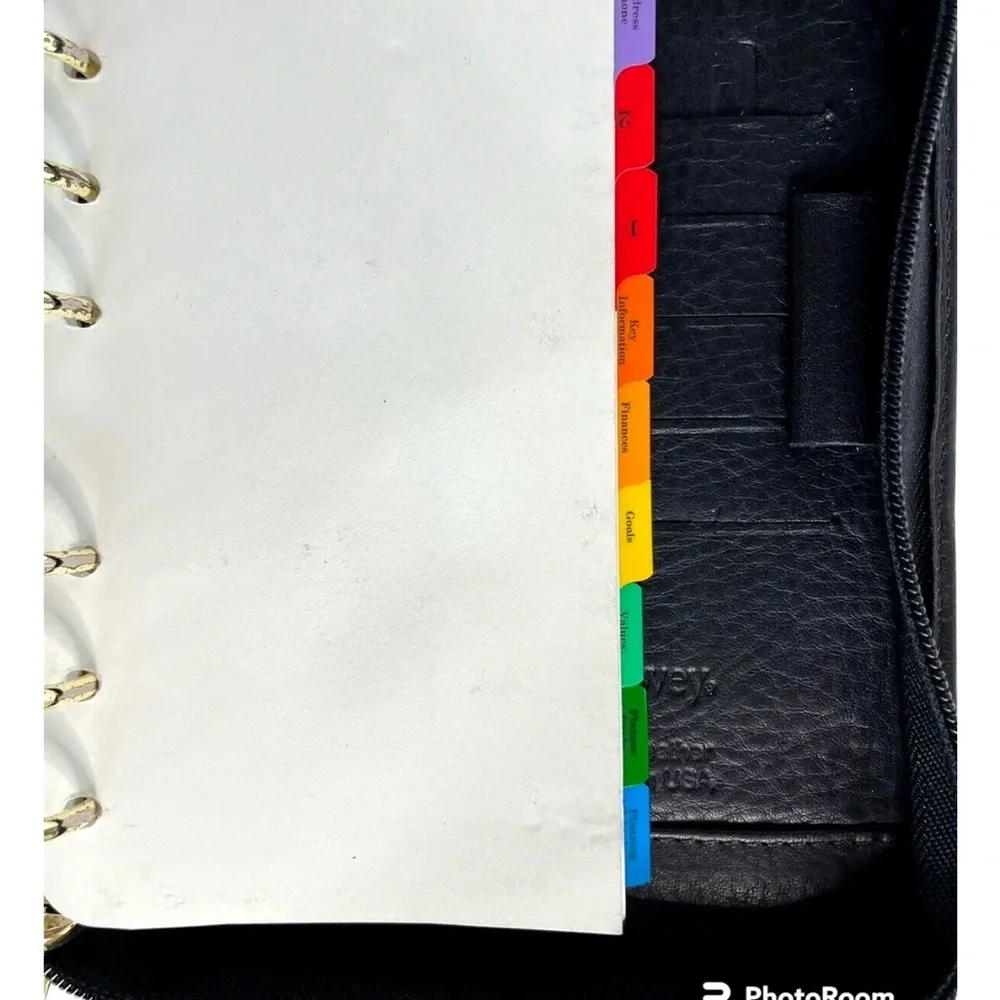 Franklin Covey Black Full Grain Nappa Leather USA Device Holder Zip Binder Tabs
